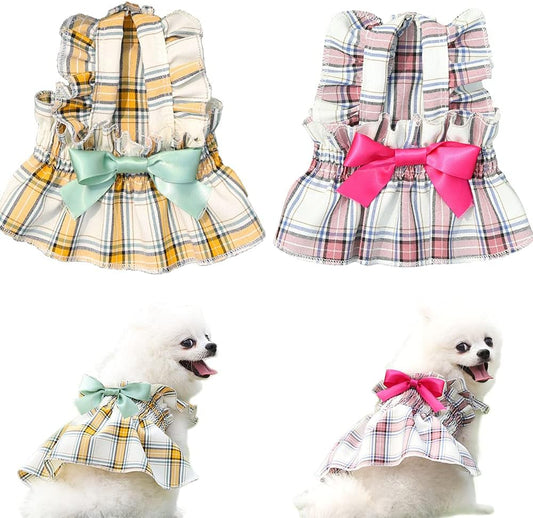 Set of 2 Puppy Dress Chihuahua Dresses for Girl Dogs Cute Warm Female Pet Skirt Clothes Outfit Teacup Pink Yorkie Sundress Costume Cat Clothing for Small Medium Doggie Breed (S)